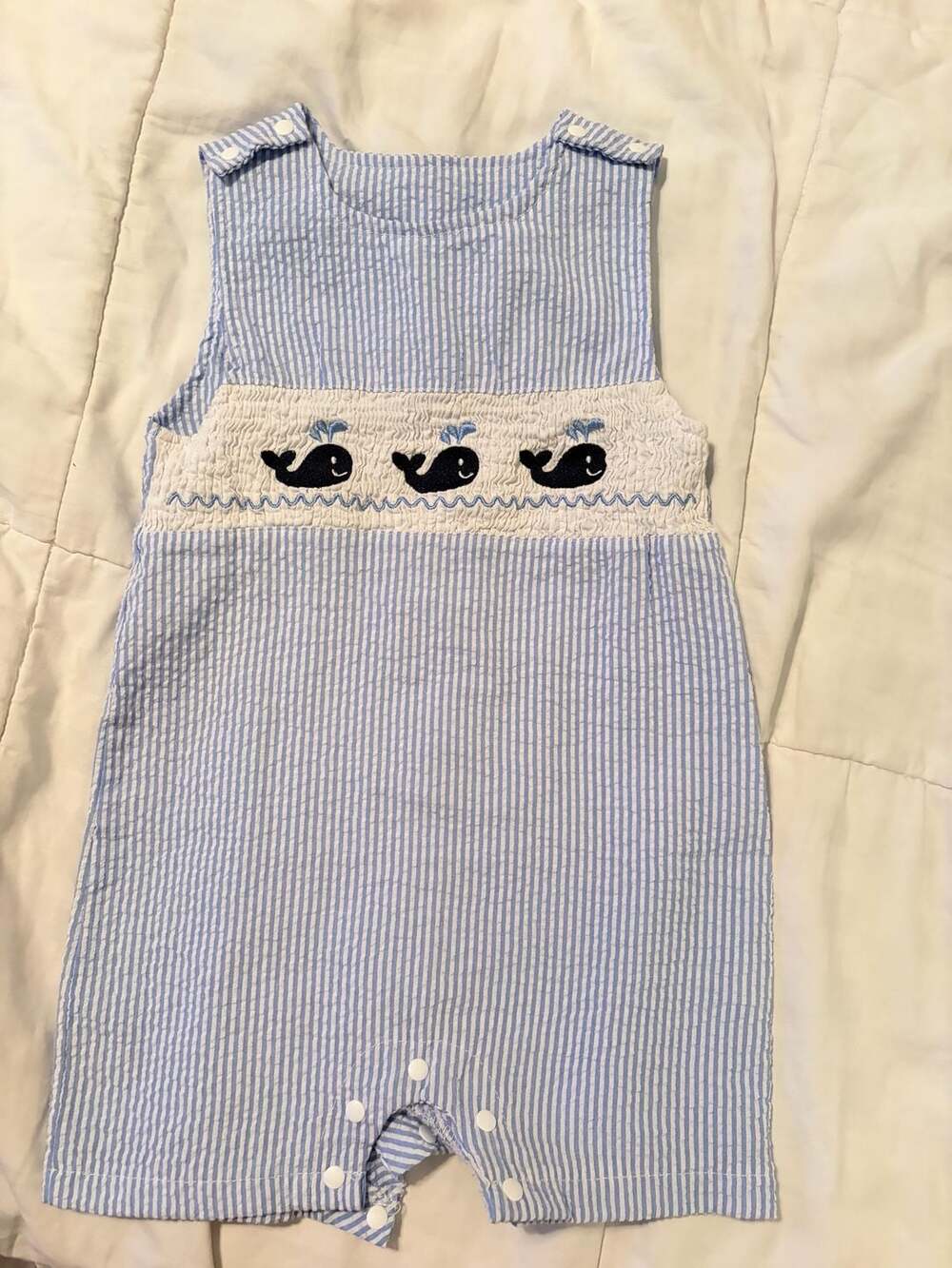 Baby Smocked Seersucker Romper Size 12-18M Blue Striped Whale Overalls